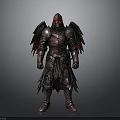 Armored Figure With Red Accents And Tattered Wings On Dark Background