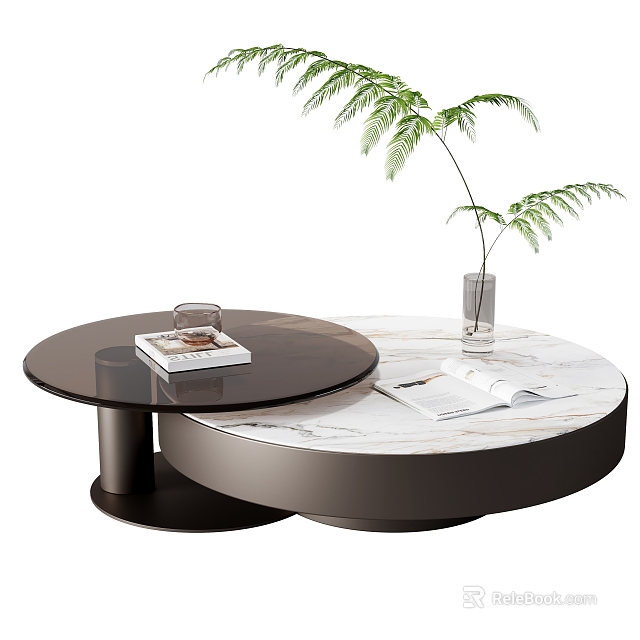 Modern Coffee Table with Round Marble Top Metal Frame and Books Vase Green Plant 3d model 
