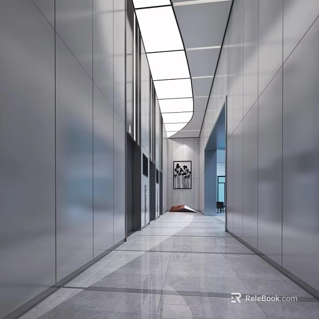 Modern Elevator Hallway With Sleek Metal Walls Ceiling Lights And Decorative Artwork 3d model 