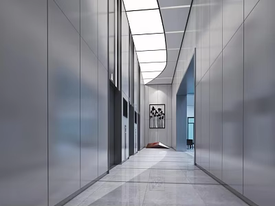 Modern Elevator Hallway With Sleek Metal Walls Ceiling Lights And Decorative Artwork 3d model