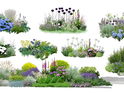 Colorful Garden Flower Assortments With Purple Blue White Blooms And Green Plants 3d model
