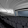 Modern Conference Room Interior With Curved Ceiling LED Lighting Rows of Seats and Lecture Stage