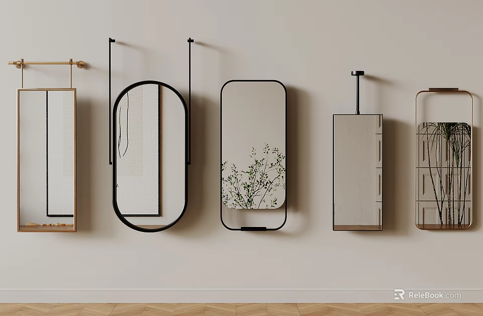 Modern Various Mirrors With Metal Frames Hung On Wall In Different Shapes 3d model 