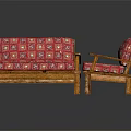 Traditional Sofa Set With Wooden Frame And Red Geometric Patterned Cushions For Living Room