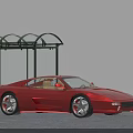 Red Sports Car Beside Bus Stop With Yellow Bench White Wall And Black Metal Shelter
