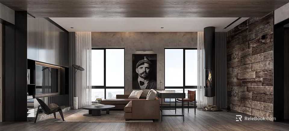 Modern Living Dining Room Interior With Brown Sofa Coffee Table Fireplace And Floor To Ceiling Windows 3d model 