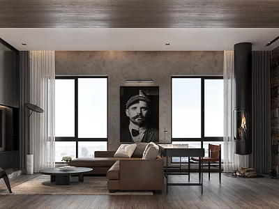 Modern Living Dining Room Interior With Brown Sofa Coffee Table Fireplace And Floor To Ceiling Windows 3d model
