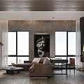 Modern Living Dining Room Interior With Brown Sofa Coffee Table Fireplace And Floor To Ceiling Windows