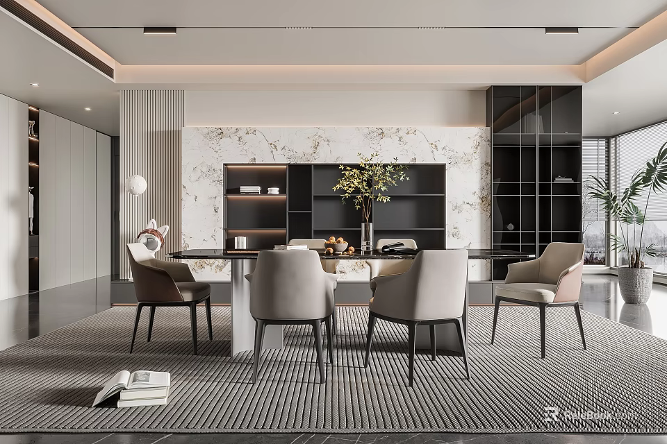 Elegant Modern Restaurant Interior With Marble Backdrop Dining Table And Light Grey Chairs 3d model