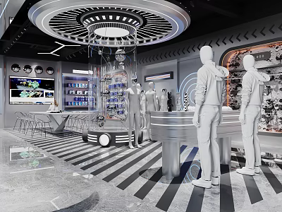 Modern Futuristic Clothing Store Interior Design With Circular Chandelier Glass Display Cases And Mannequins 3d model