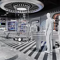 Modern Futuristic Clothing Store Interior Design With Circular Chandelier Glass Display Cases And Mannequins