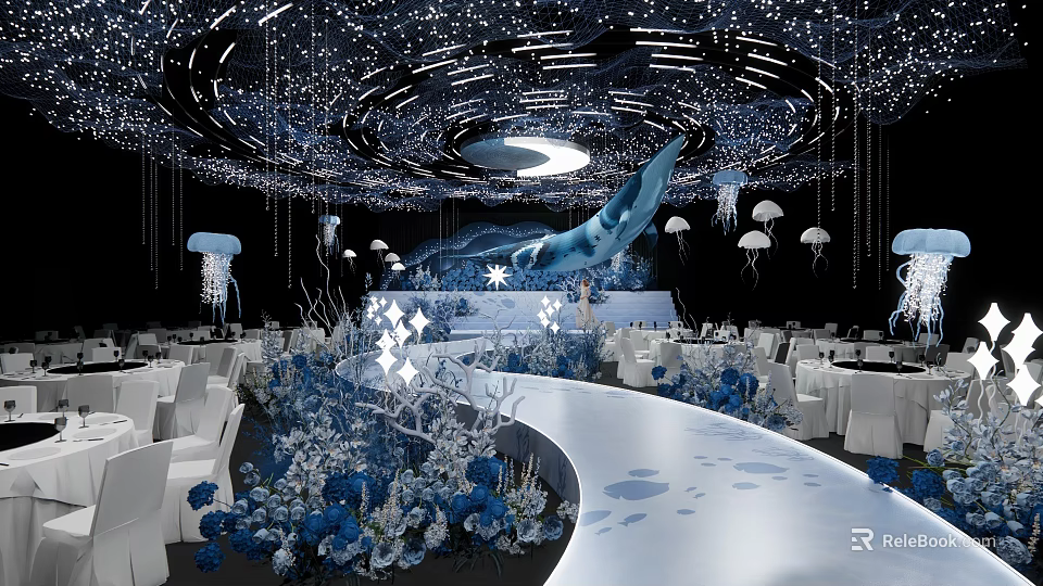 Banquet Hall With Starlit Ceiling Blue Whale Jellyfish Ornaments Blue White Flowers And White Chairs 3d model 
