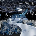 Banquet Hall With Starlit Ceiling Blue Whale Jellyfish Ornaments Blue White Flowers And White Chairs
