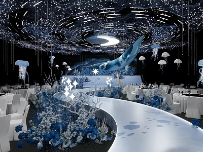 Banquet Hall With Starlit Ceiling Blue Whale Jellyfish Ornaments Blue White Flowers And White Chairs 3d model
