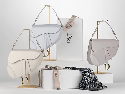Luxury Dior Saddle Bags And White Box Display On Gold Stands With Ribbon And Scarf 3d model