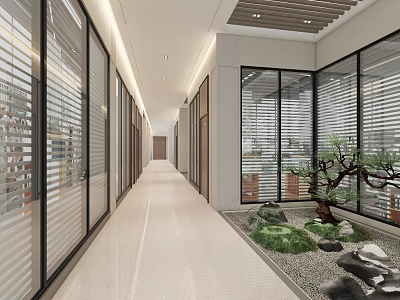Modern Office Corridor With Glass Doors Sliding Blinds Indoor Plants And Stone Decoration 3d model