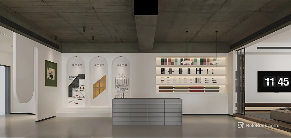 Modern Office Interior With Display Shelves Color Swatches And Sample Boards 3d model 