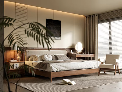 Cozy Modern Bedroom Interior Design With Wooden Bed Palm Leaves Wall Art And Accent Chair 3d model
