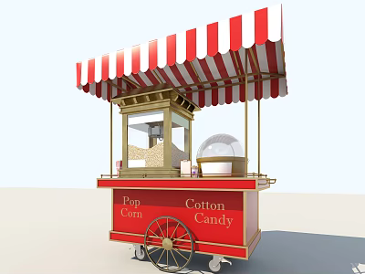 Red Food Cart for Popcorn and Cotton Candy with Striped Canopy Display Window and Wheels 3d model