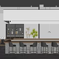 Modern Japanese Restaurant Interior With Bar Counter Bar Stools Display Shelves And Green Plants