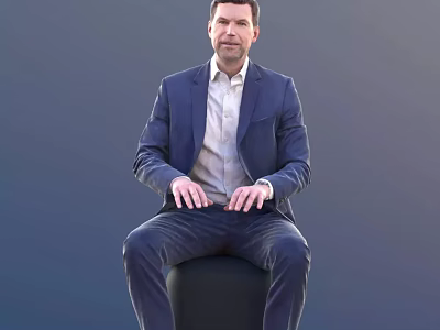Man in Dark Blue Suit and Light Shirt Sitting on Black Stool Against Dark Background 3d model