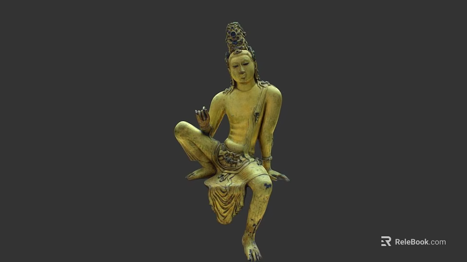 Golden Seated Buddha Sculpture with Intricate Headdress Detailed Carvings and Ornamental Robe Patterns 3d model 