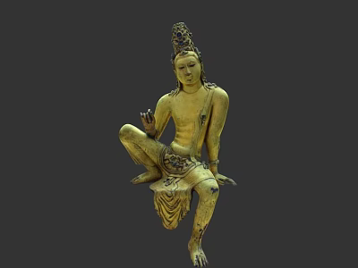 Golden Seated Buddha Sculpture with Intricate Headdress Detailed Carvings and Ornamental Robe Patterns 3d model