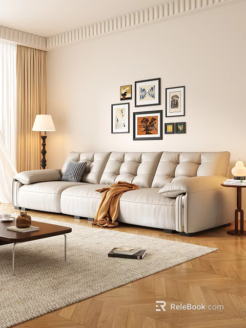 Cream Colored Leather Three Seater Sofa with Throw Blanket and Wall Art in Living Room 3d model 