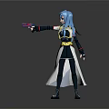 Anime Female Character With Blue Hair Holding Gun And Yellow Sash Outfit On Gray Background