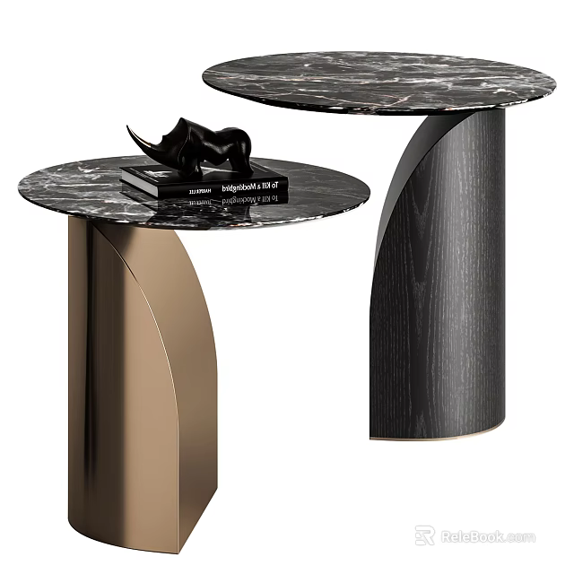 Elegant Round Side Tables Featuring Marble Tabletops Golden And Black Wood Grain Legs 3d model 
