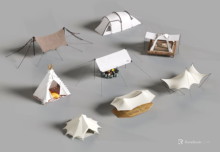 Various Types Of Stylish Camping Tents With Different Shapes And Outdoor Designs 3d model 