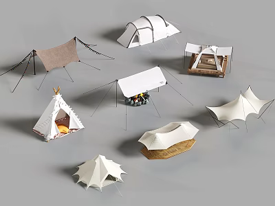 Various Types Of Stylish Camping Tents With Different Shapes And Outdoor Designs 3d model