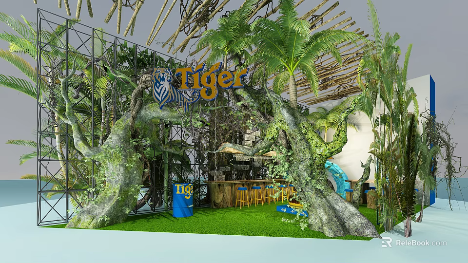 Tiger Themed Tropical Jungle Decor With Palm Trees Bar And Green Grass 3d model 
