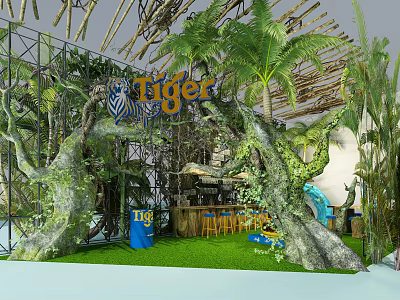 Tiger Themed Tropical Jungle Decor With Palm Trees Bar And Green Grass 3d model