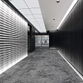 Modern Office Corridor Interior With Metal Striped Wall Gray Carpet And White Square Ceiling