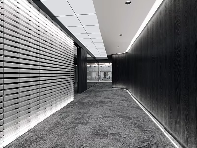 Modern Office Corridor Interior With Metal Striped Wall Gray Carpet And White Square Ceiling 3d model