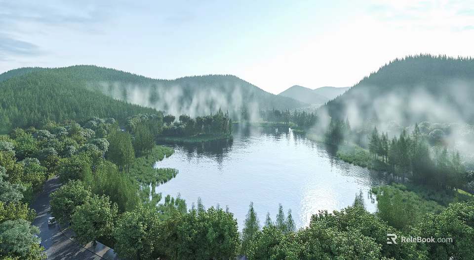 Serene Garden Landscape With Misty Lake Surrounded By Lush Green Forests And Scenic Rolling Hills 3d model 