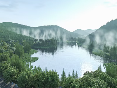 Serene Garden Landscape With Misty Lake Surrounded By Lush Green Forests And Scenic Rolling Hills 3d model