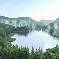 Serene Garden Landscape With Misty Lake Surrounded By Lush Green Forests And Scenic Rolling Hills