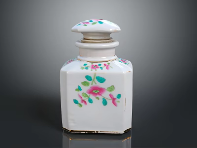 Dresser Vanity Decor with White Ceramic Box Adorned in Pink Green Floral Patterns and Lid 3d model