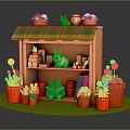 Cartoon Small Shop Scene with Flower Pots on Roof Rabbit Cat Front Potted Plants Flowers