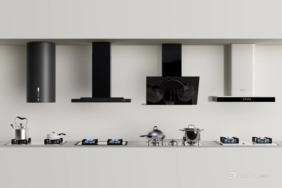 Modern Open Concept Kitchen With Various Cooking Appliances And Essential Cookware 3d model