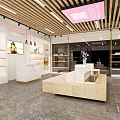 Modern Specialty Store Interior With Wooden Display Shelves Marble Counter And Seating Area
