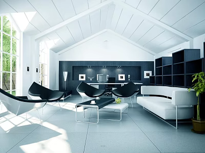 Modern Office Interior With High Ceiling Large Windows Black Shelves White Sofa And Green Plant 3d model