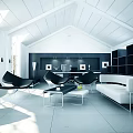 Modern Office Interior With High Ceiling Large Windows Black Shelves White Sofa And Green Plant