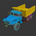 Blue And Yellow Heavy Duty Dump Truck With Large Cargo Bed And Wheels