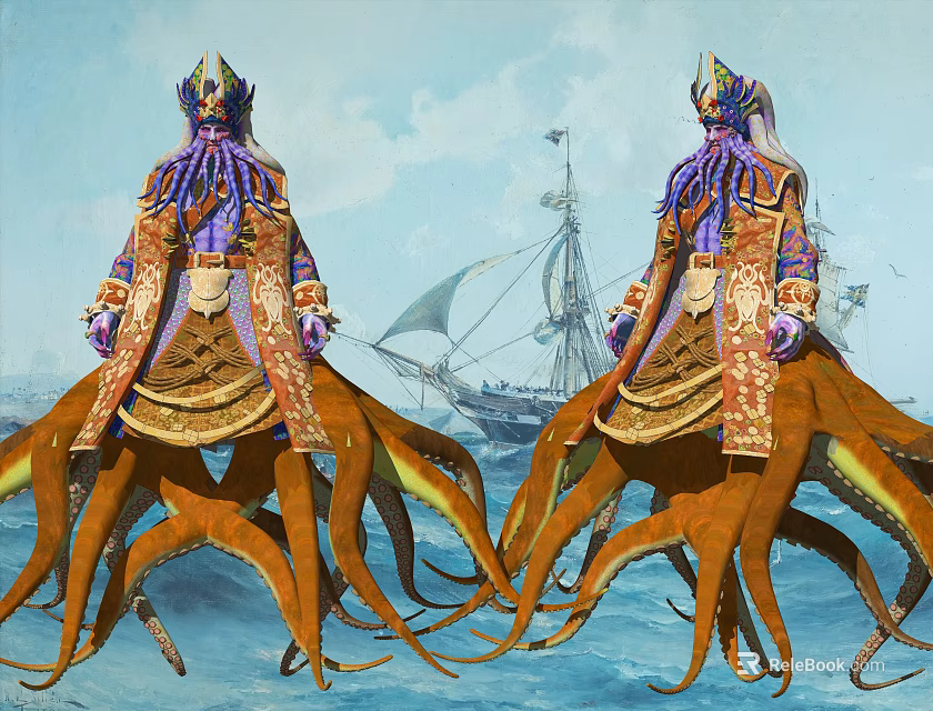 Octopus Game Movie Characters in Elaborate Purple Gold Costumes on Blue Sea with Sailing Ships 3d model 