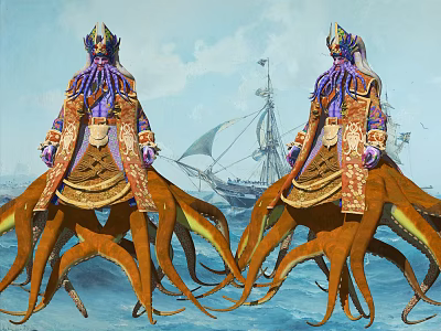 Octopus Game Movie Characters in Elaborate Purple Gold Costumes on Blue Sea with Sailing Ships 3d model