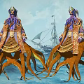 Octopus Game Movie Characters in Elaborate Purple Gold Costumes on Blue Sea with Sailing Ships