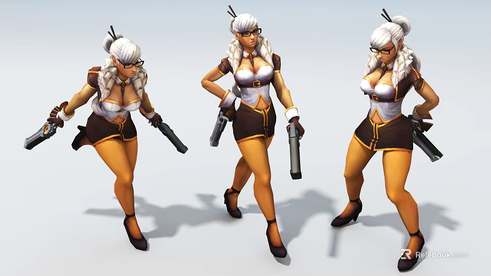 Stylish Game Female Character With White Hair Glasses Pistols And High Heels In Multiple Poses 3d model 